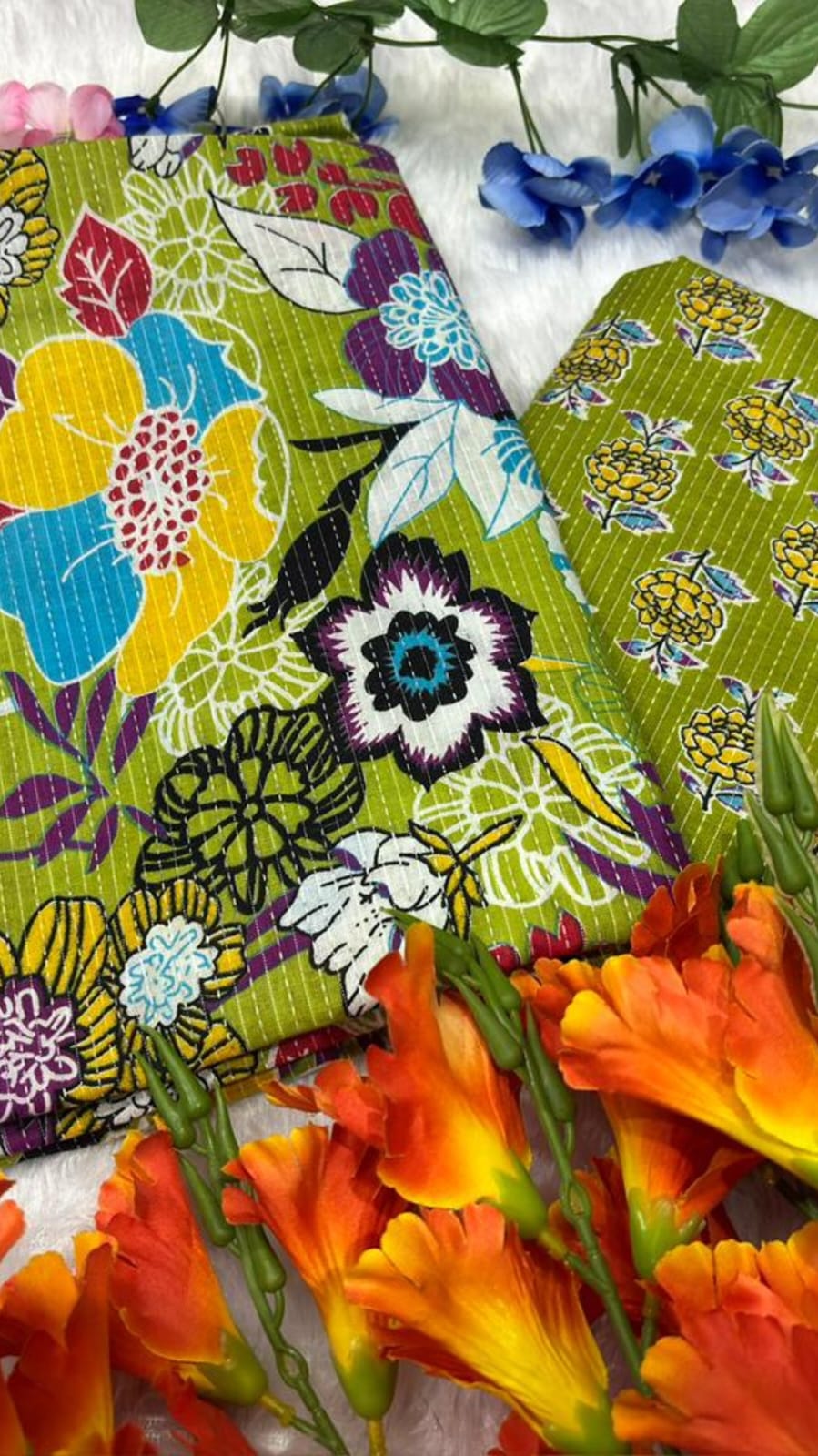 Pure Cotton Katha Unstitched Fabric For Top And Bottom.