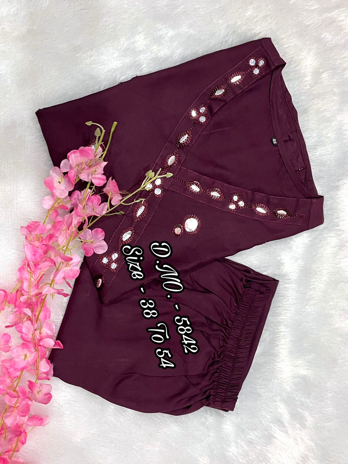 Rayon 14 Kg Premium Flared 50” Gown Kurti with Mirror Foil Aari Work + Rayon Pant