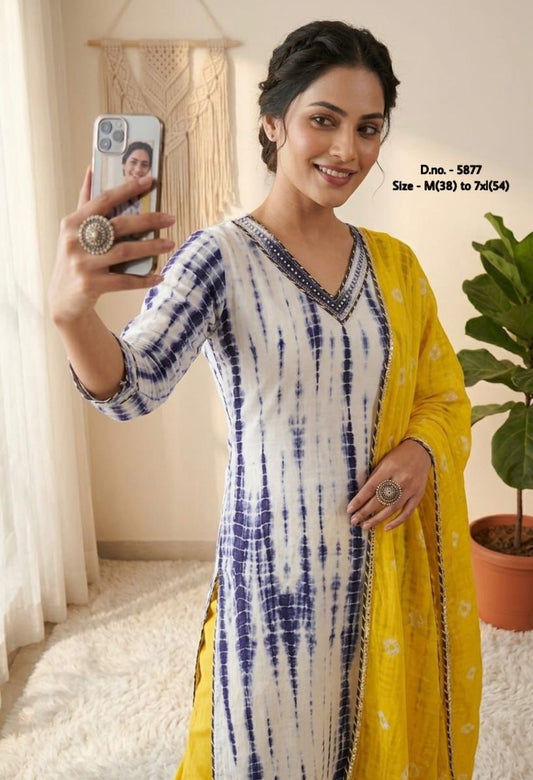 Pure Cotton 60x60 Hand Tie & Dye Kurti Set with Dupatta (3 Piece) with Gotta Lace Work