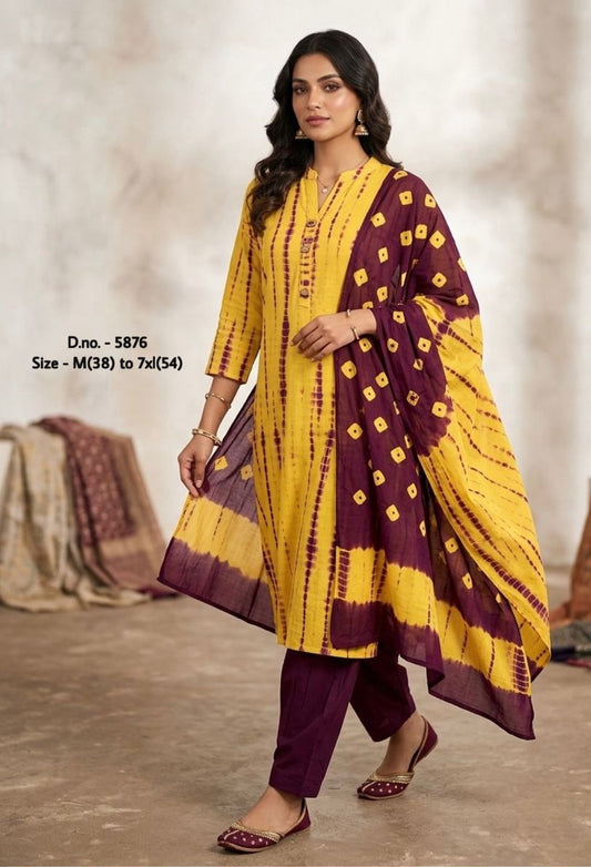 Pure Cotton 60x60 Hand Tie & Dye Kurti Set with Dupatta (3 Piece)