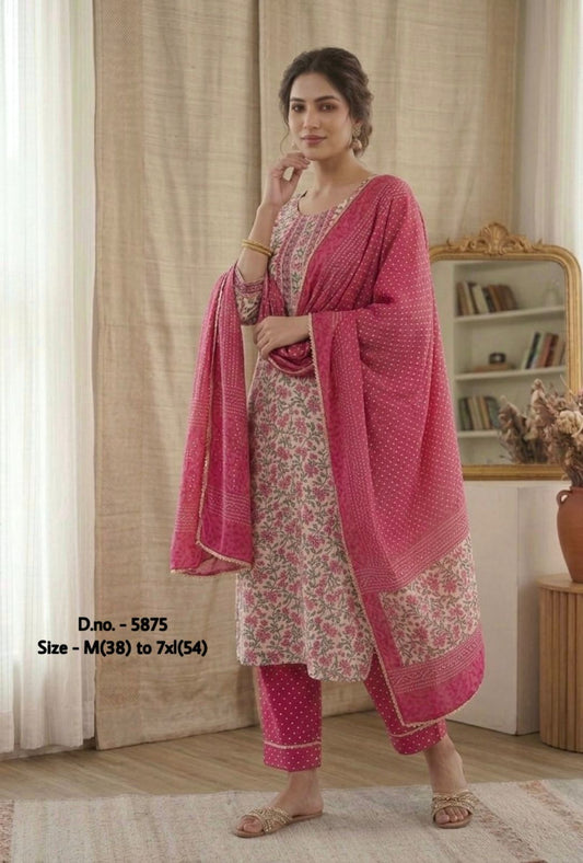 Pure Cotton 60x60 Handblock Printed Kurti Set with Dupatta (3 Piece) with Gotta Lace Work