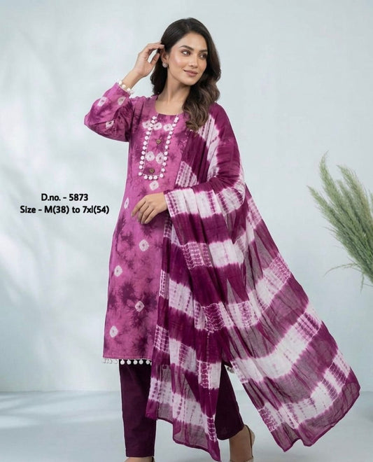 Pure Cotton 60x60 Hand Tie & Dye Kurti Set with Dupatta (3 Piece) with Pom-Pom Lace Work