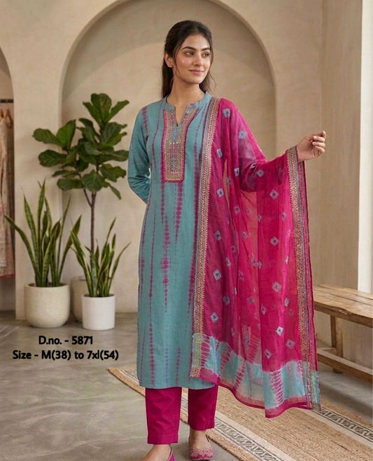 Pure Cotton 60x60 Hand Tie & Dye Kurti Set with Dupatta (3 Piece) with Gotta Detailing