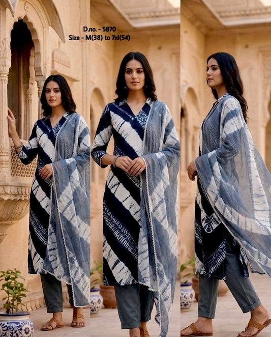 Pure Cotton 60x60 Hand Tie & Dye Kurti Set with Dupatta (3 Piece) with Gotta Detailing