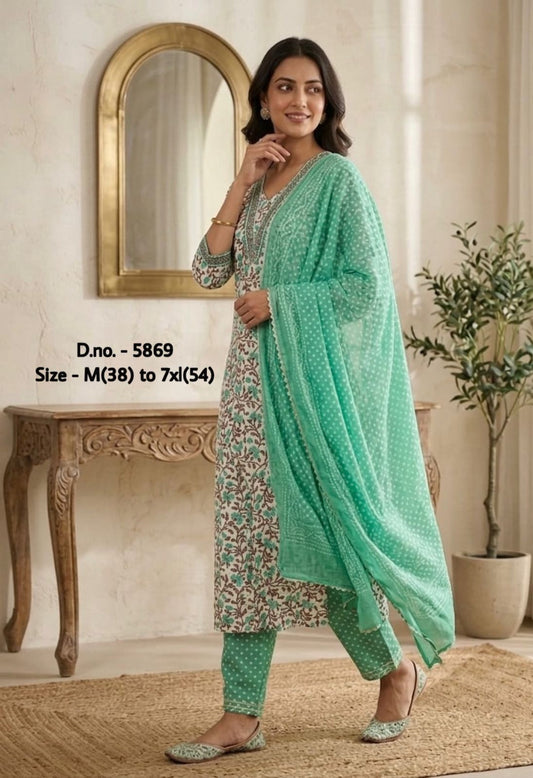 Pure Cotton 60x60 Handblock Printed Kurti Set with Dupatta (3 Piece) with Gotta Lace Work