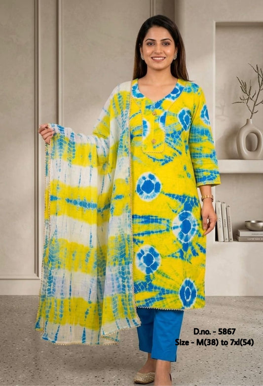 Pure Cotton 60x60 Hand Tie & Dye Kurti Set with Dupatta (3 Piece) with Gotta Detailing