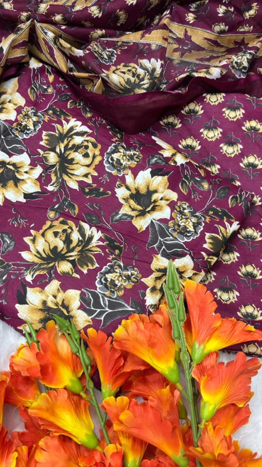 Cotton Printed Unstitched Fabric Top, Bottom And Dupatta Set.