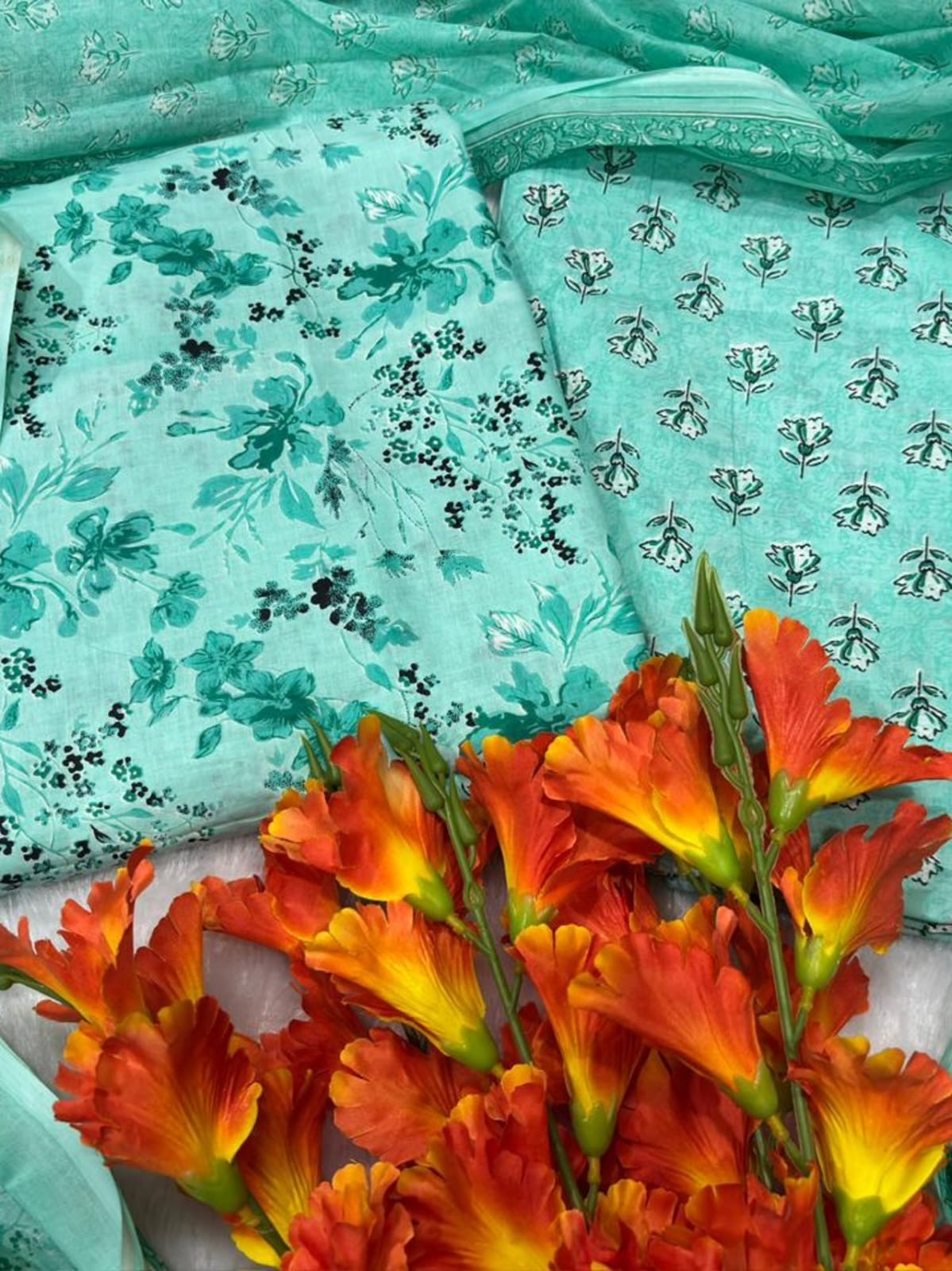 Pure Cotton Fabric Unstitched Fabric Top, Bottom And Dupatta Set.