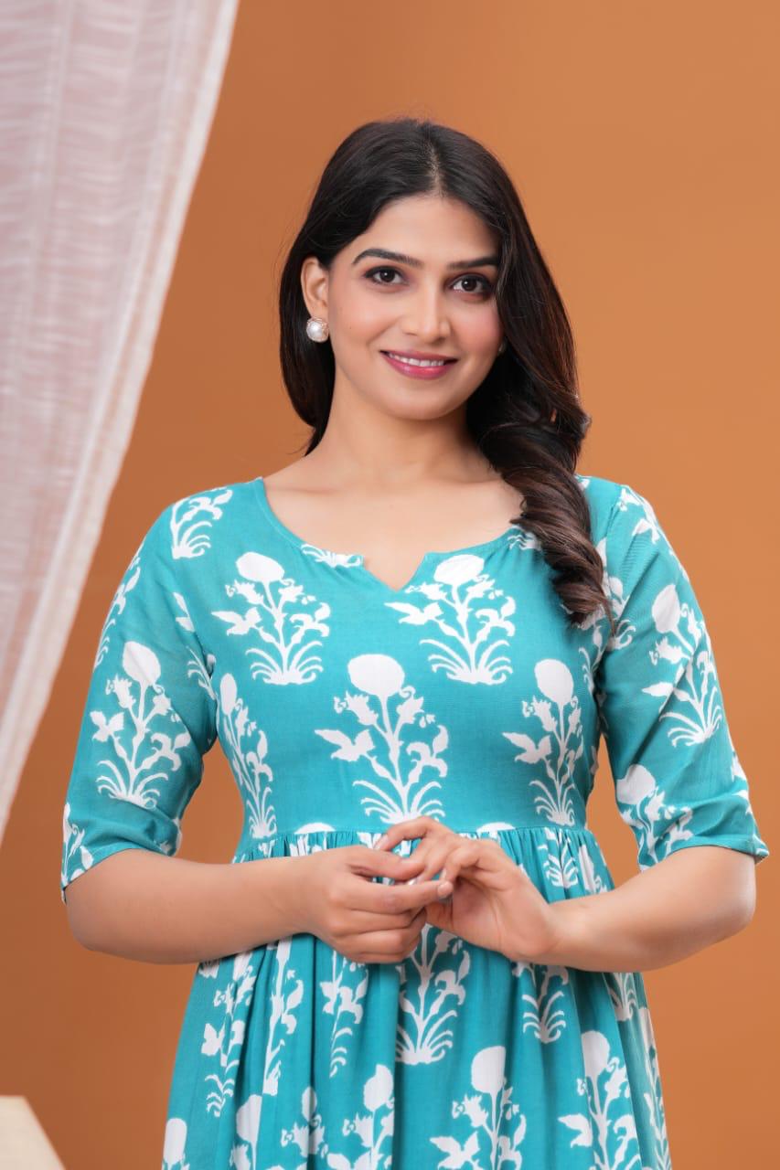 Beautiful Rayon 14 Kg Premium Printed Gown Kurta – Stylish Pattern