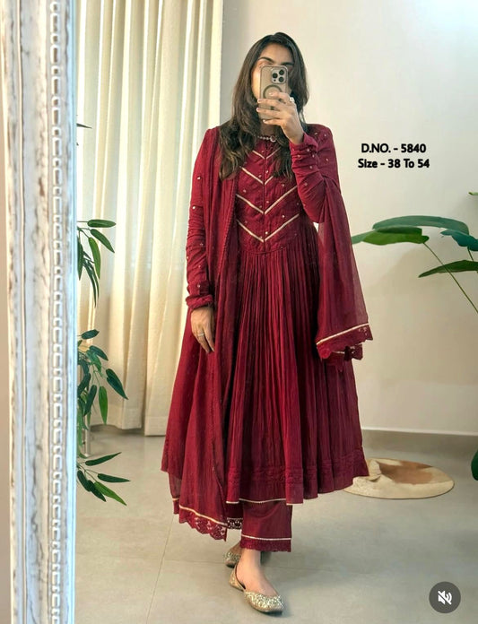 Pure Cotton Cambric 3 Piece Set – Long 52” Kurti with Aari Zari Embroidery