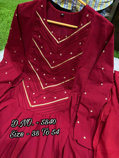 Pure Cotton Cambric 3 Piece Set – Long 52” Kurti with Aari Zari Embroidery