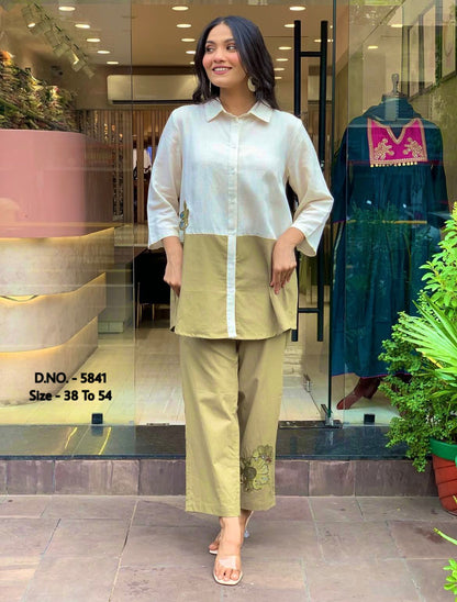 Cotton Slub & Cambric 2 Piece Set – 34” Short Shirt with Hand Adda Beads & Sequins Work