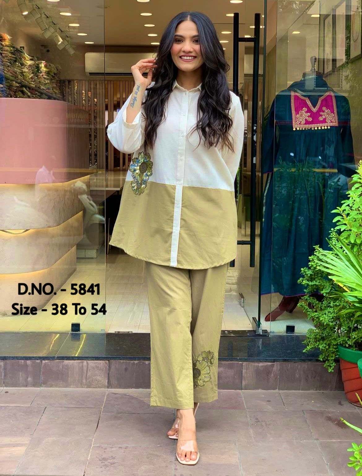 Cotton Slub & Cambric 2 Piece Set – 34” Short Shirt with Hand Adda Beads & Sequins Work