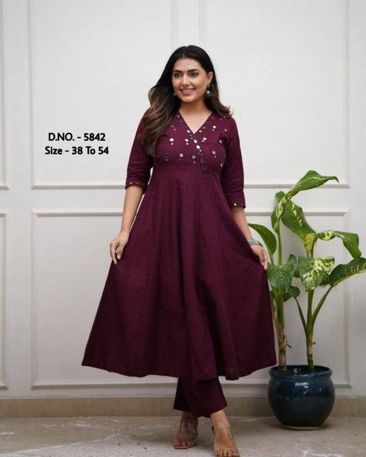 Rayon 14 Kg Premium Flared 50” Gown Kurti with Mirror Foil Aari Work + Rayon Pant