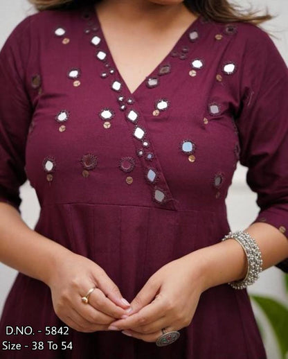 Rayon 14 Kg Premium Flared 50” Gown Kurti with Mirror Foil Aari Work + Rayon Pant