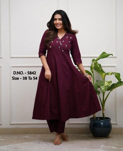 Rayon 14 Kg Premium Flared 50” Gown Kurti with Mirror Foil Aari Work + Rayon Pant