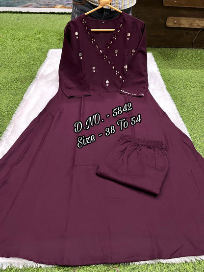 Rayon 14 Kg Premium Flared 50” Gown Kurti with Mirror Foil Aari Work + Rayon Pant