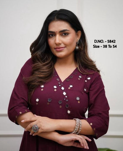 Rayon 14 Kg Premium Flared 50” Gown Kurti with Mirror Foil Aari Work + Rayon Pant