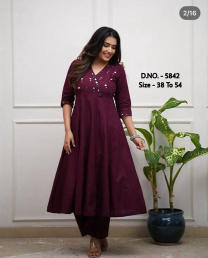 Rayon 14 Kg Premium Flared 50” Gown Kurti with Mirror Foil Aari Work + Rayon Pant