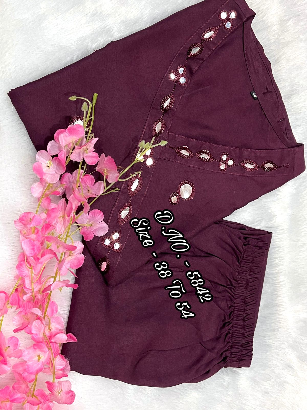 Rayon 14 Kg Premium Flared 50” Gown Kurti with Mirror Foil Aari Work + Rayon Pant