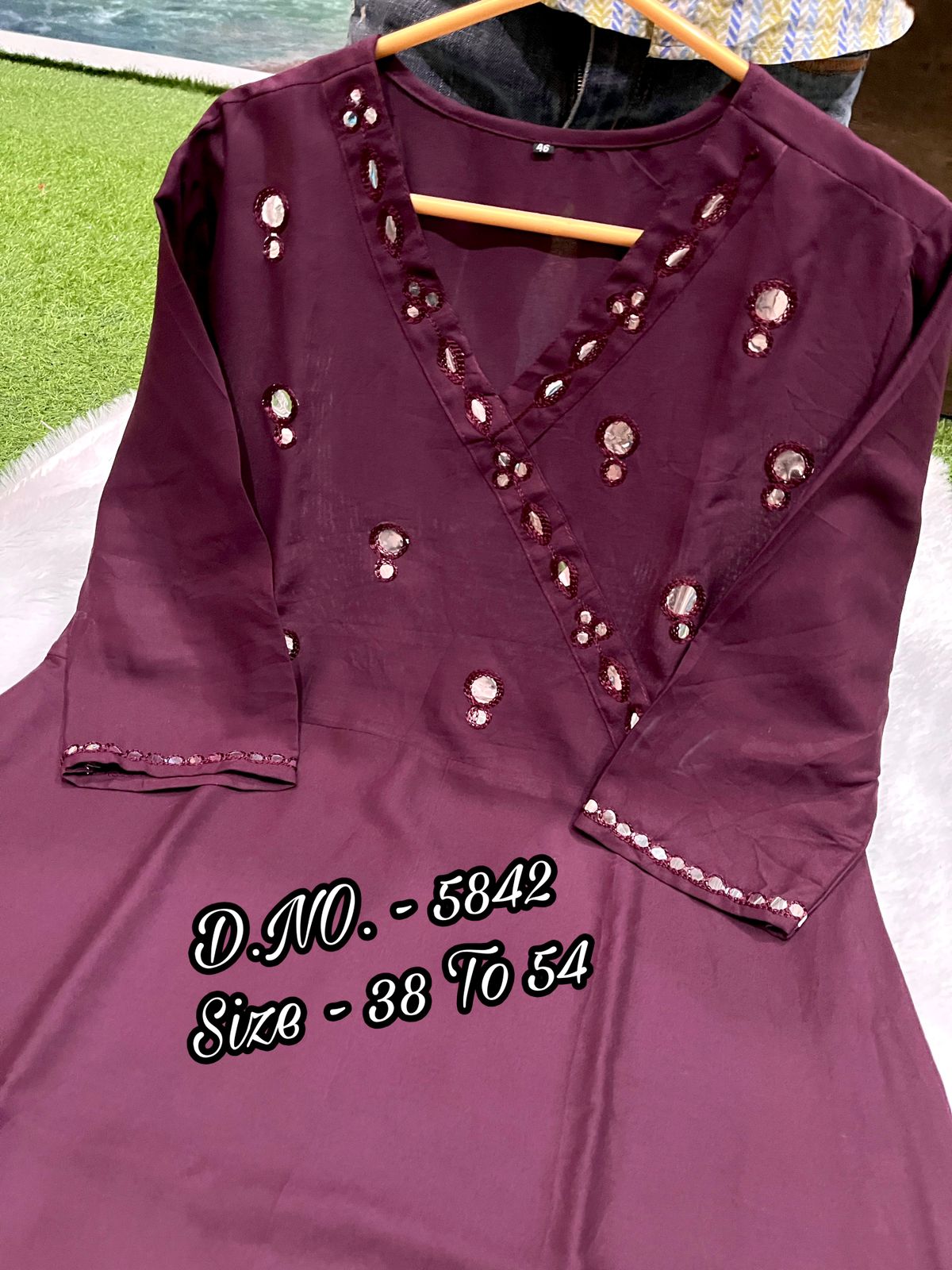 Rayon 14 Kg Premium Flared 50” Gown Kurti with Mirror Foil Aari Work + Rayon Pant