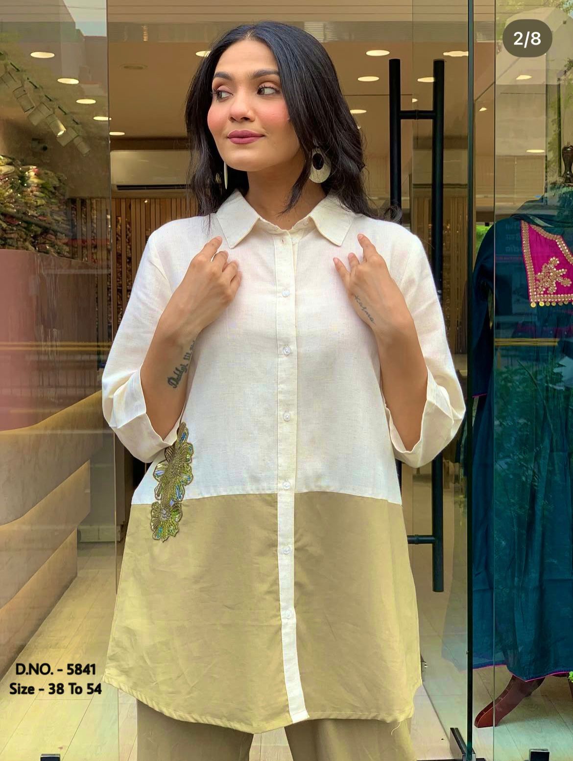 Cotton Slub & Cambric 2 Piece Set – 34” Short Shirt with Hand Adda Beads & Sequins Work