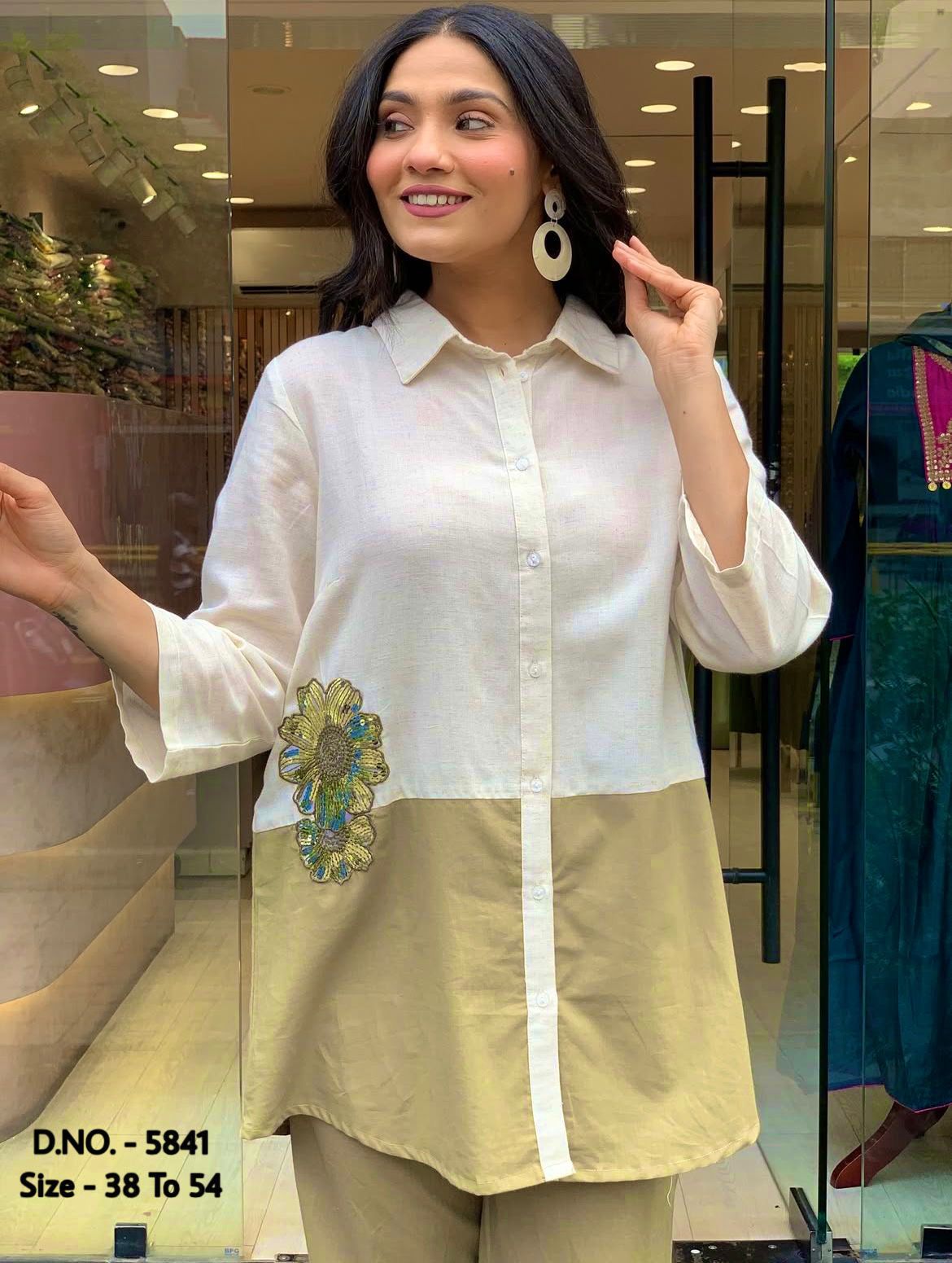 Cotton Slub & Cambric 2 Piece Set – 34” Short Shirt with Hand Adda Beads & Sequins Work