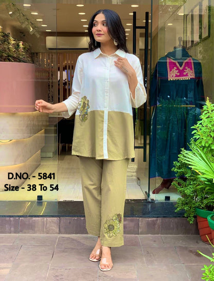 Cotton Slub & Cambric 2 Piece Set – 34” Short Shirt with Hand Adda Beads & Sequins Work