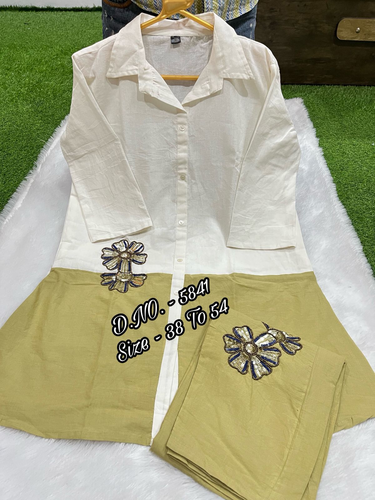Cotton Slub & Cambric 2 Piece Set – 34” Short Shirt with Hand Adda Beads & Sequins Work