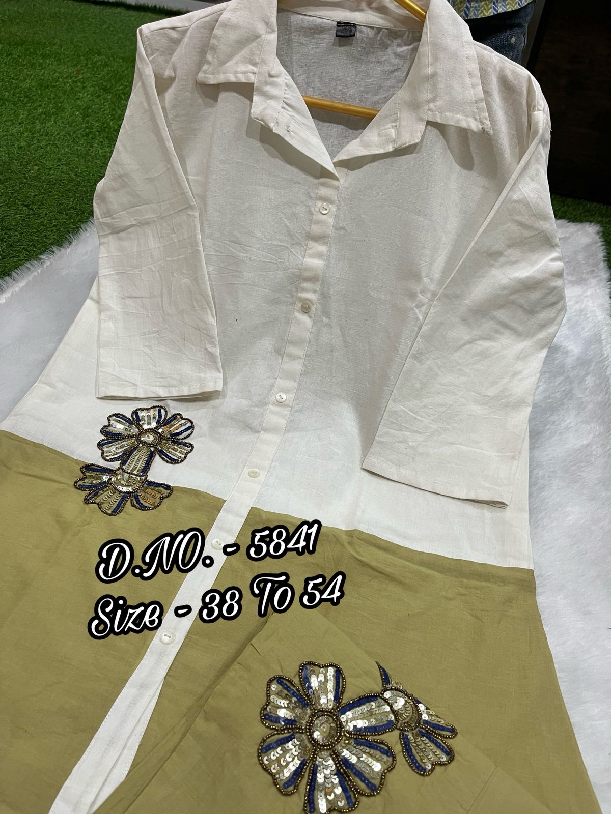 Cotton Slub & Cambric 2 Piece Set – 34” Short Shirt with Hand Adda Beads & Sequins Work