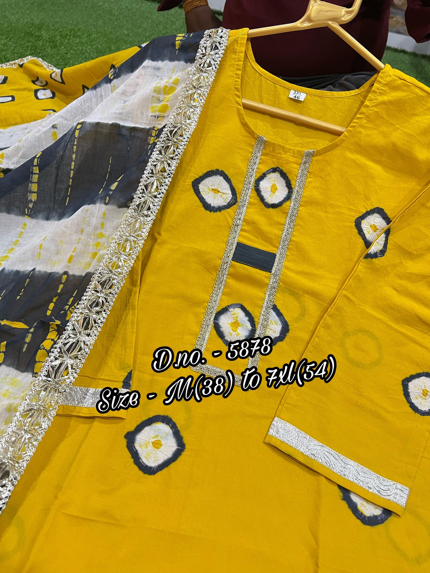 Pure Cotton 60x60 Hand Tie & Dye Kurti Set with Dupatta (3 Piece) with Gotta Lace Work