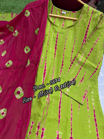 Pure Cotton 60x60 Hand Tie & Dye Kurti Set with Dupatta (3 Piece)