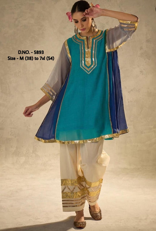 Pure Cotton 2-Piece Kurti Pant Set with Heavy Gotta Lace Detailing