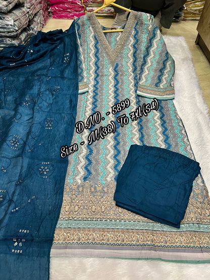 Pure Chanderi 3-Piece Suit Set with Sequins, Adda & Aari Mirror Foil Work