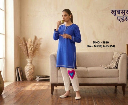 Pure Cotton 2-Piece Kurti Pant Set with Hand Aari Embroidery