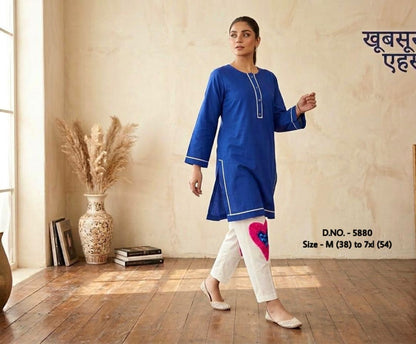 Pure Cotton 2-Piece Kurti Pant Set with Hand Aari Embroidery