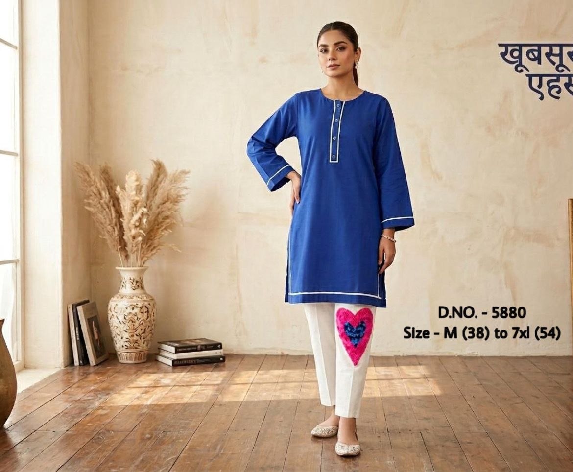 Pure Cotton 2-Piece Kurti Pant Set with Hand Aari Embroidery