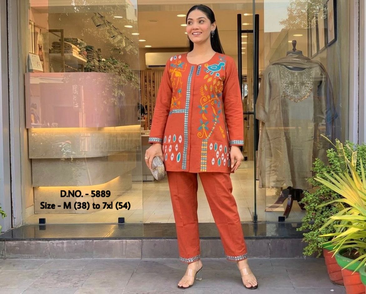 Pure Cotton 2-Piece Top & Pant Set with Hand Aari Woolen Thread Work
