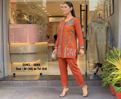 Pure Cotton 2-Piece Top & Pant Set with Hand Aari Woolen Thread Work