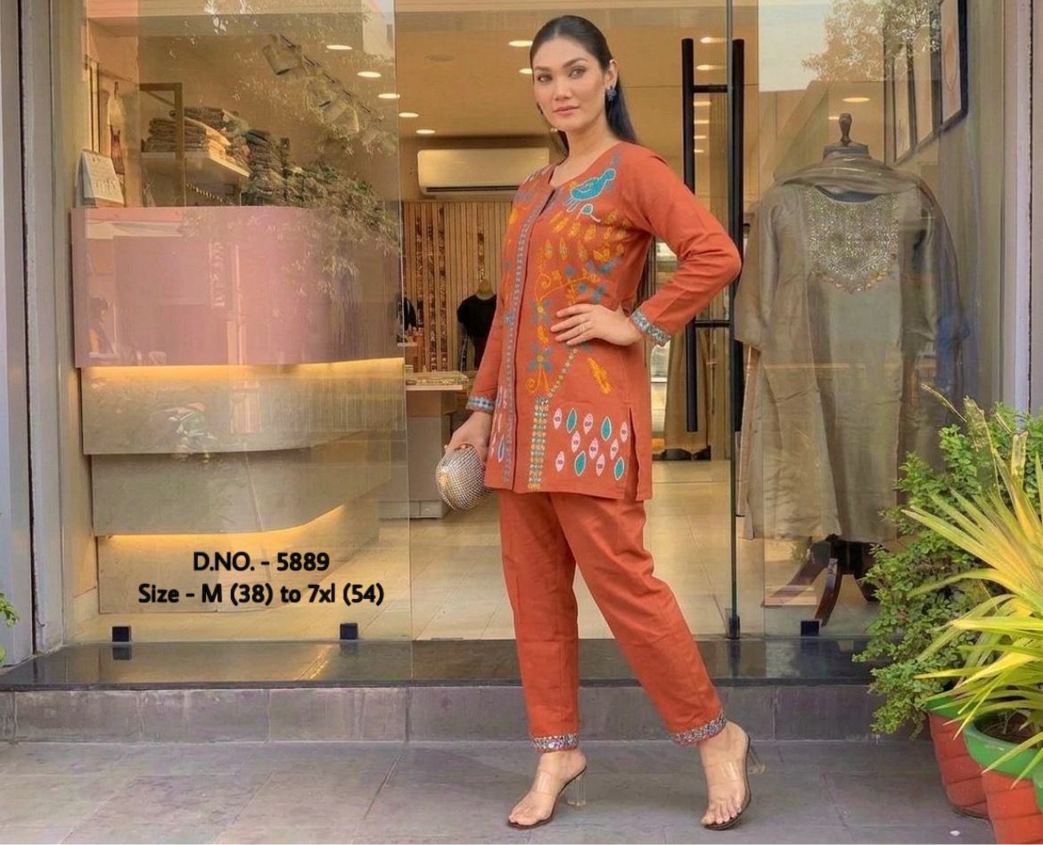 Pure Cotton 2-Piece Top & Pant Set with Hand Aari Woolen Thread Work