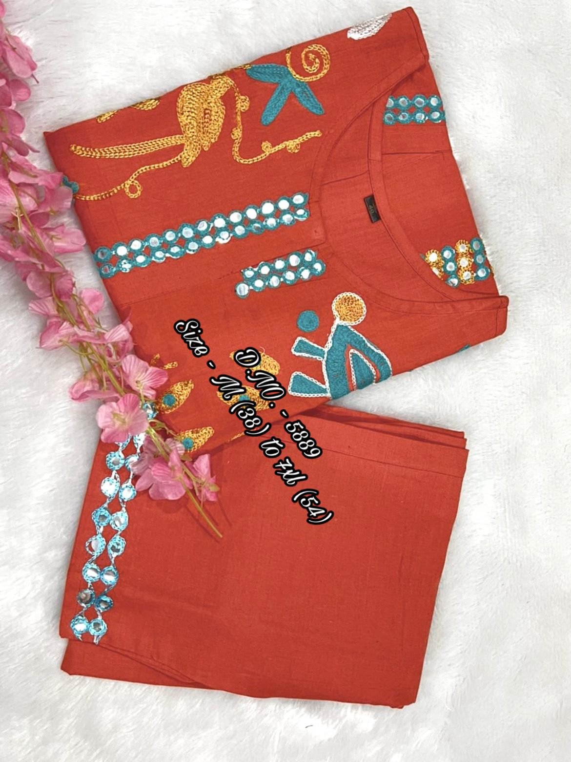Pure Cotton 2-Piece Top & Pant Set with Hand Aari Woolen Thread Work