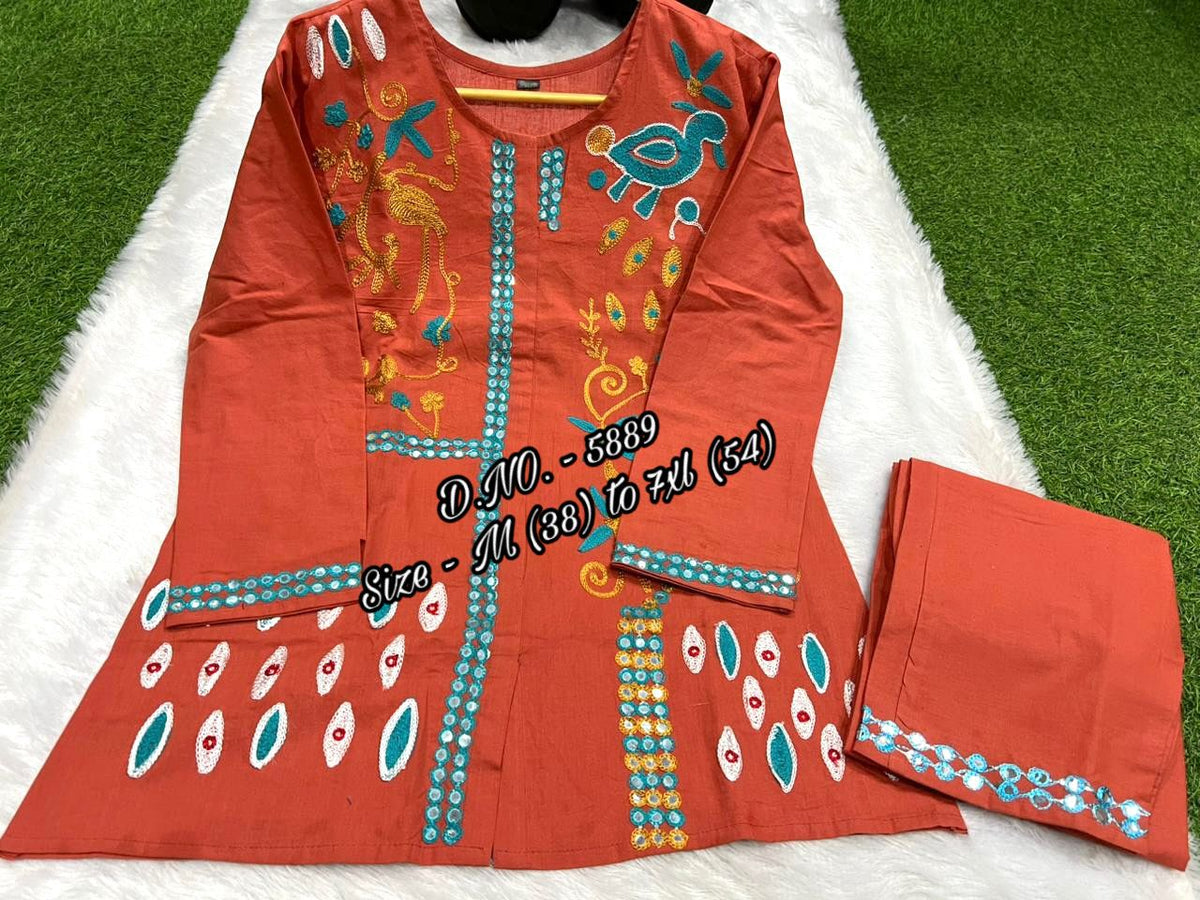 Pure Cotton 2-Piece Top & Pant Set with Hand Aari Woolen Thread Work