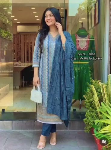 Pure Chanderi 3-Piece Suit Set with Sequins, Adda & Aari Mirror Foil Work